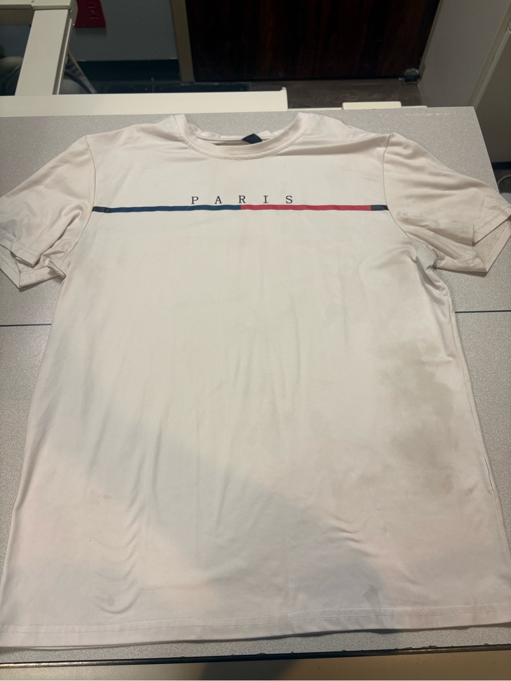 SHEIN White Paris Crew Neck Tee with Navy and Red Stripe